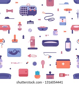 Seamless pattern with pet store products for cats and dogs on white background. Backdrop with goods for domestic animals treatment, entertainment, grooming, feeding, care. Flat vector illustration.