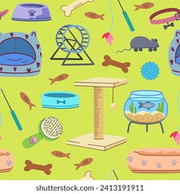 Seamless pattern with pet supplies. Elements of veterinary and pet shop elements, food, toys, cages, beds. Vector illustration