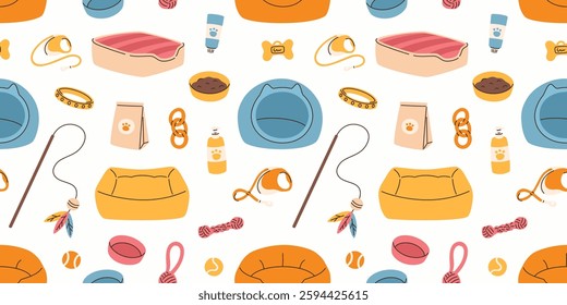 Seamless pattern with pet toys. Dog and cat care products. Flat vector illustration.