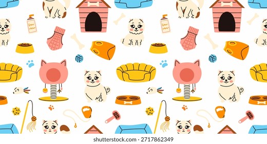 Seamless pattern with pet toys. Dog and cat grooming products.
