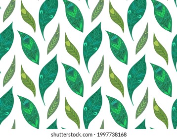 Seamless pattern with petals and folk decoration. Texture with green leaves with tribal ornament on white background. Simple vector wallpaper with falling leaves. Natural decorative fabric