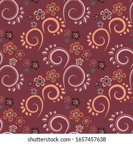 Seamless, pattern of petals and leaves. Abstract background vector illustration. Design for fabric, packaging, textile, paper, wallpaper, decorative printing, ceramics. red color scheme.