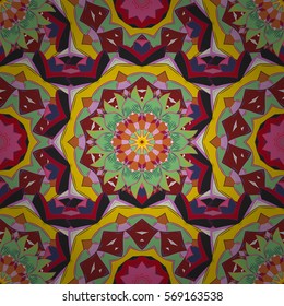 Seamless pattern with petals on a dark background. Floral pattern of circles. Radial gradient shape.