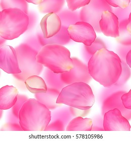 Seamless pattern: petals of pink flowers. Watercolor imitation. Blurring background.