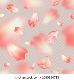 Seamless pattern with petals of rose. Flower elements are spinning in the air on a transparent background. Vector illustration.