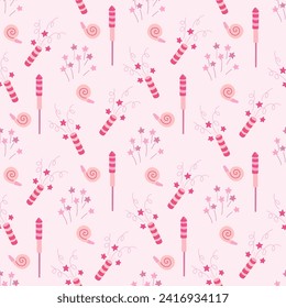 Seamless pattern with petards, firecrackers, birthday whistles and firework with stars. Hand drawn flat vector illustration on pink background. Great for celebration, party and birthday theme
