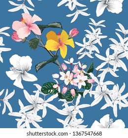 Seamless pattern Petrea volubilis and Hibiscus flowers on isolated blue background.Vector illustration hand drawing beautiful fabric design.