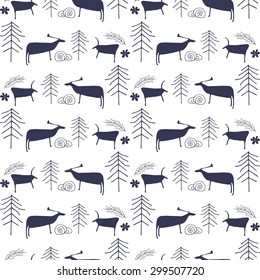 Seamless pattern with petroglyphs deer, oxen, trees, stones. Black and white. Vector illustration.