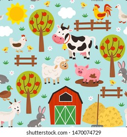 seamless pattern with pets in the barnyard  - vector illustration, eps    
