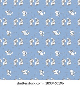 Seamless pattern with pets. Blue background with 4 cute White dogs. A boy and a girl sit with their tongues out. - Another dog scratches his ear. a funny dog runs. Vector. For design, packaging 