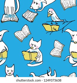 Seamless pattern of Pets and books. Notebooks, postcards, labels, diaries, accessories-school, stickers, t-shirts, banners.Vector illustration.