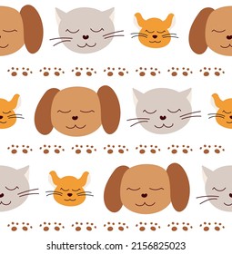 The seamless pattern of pets is dog, cat and hamster. Children's pattern in the style of a doodle. Vector illustration
