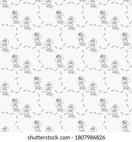 Seamless pattern with pets. Light background with cute White dogs with protruding tongue and hearts on a collar - a boy and a girl. Nearby is a pattern of scattered bones. Vector illustration