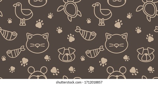 seamless pattern with pets in linear style on a dark brown background. Modern abstract design for packaging, paper, cover, fabric, cards