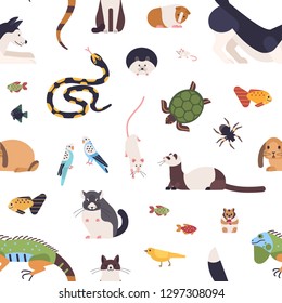 Seamless pattern with pets on white background. Backdrop with cute cartoon domestic animals - mammals, birds, fish, rodents, reptiles and insects. Vector illustration in flat style for wrapping paper.