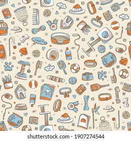 Seamless pattern with pets sings and zoomarket icons. Hand drawn vector doodles illustration.