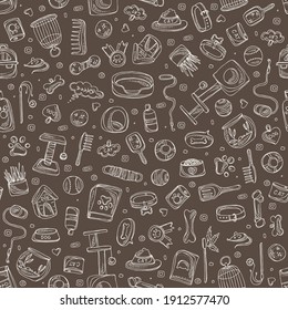 Seamless pattern with pets sings and zoomarket icons. Hand drawn vector doodles illustration.