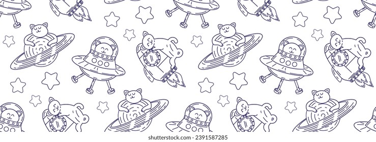 Seamless pattern with pets in space. Vector background with cute cats in linear style. Doodle illustration of cute pets.