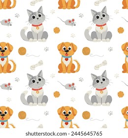 Seamless pattern with pets and toys for pets. Cute, smiling cat, dog, characters. Cartoon Flat vector illustrations on white background.