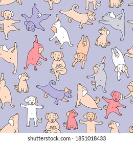 Seamless pattern. pets yoga. cute colorful puppies go in for sports, gymnastics and stand in an asana. Vector illustration on a purple background. Dog yoga.