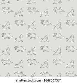 Seamless pattern. pets yoga. Dog yoga - puppy in asana, doing sports exercise. Vector outline on a light gray background