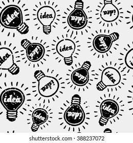 Seamless pattern pf vector illustration of hand drawn lamp and written by hand Idea in ink
