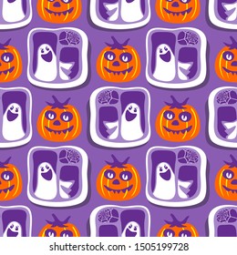 Seamless pattern with phantoms.  Halloween vector illustration. Flat style. Design element for wrapping paper, banner, wallpaper or fabric.