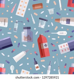 Seamless pattern with pharmaceutical drugs or medications in bottles, jars, tubes, blisters and medical tools on blue background. Flat cartoon colored vector illustration for textile print, wallpaper.