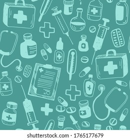 Seamless pattern with pharmacology and medicine doodle sketch. Vector white linear medicine isolated icon, pills, flasks, medical items.