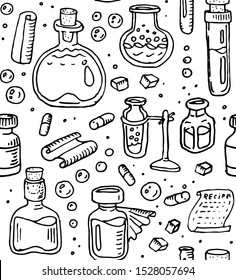 Seamless pattern of Pharmacy, Chemistry, Alchemy, Medicine. Retort, Glass Bottles, Jar, Pills, Recipe. Chemical experiment. Doodle texture