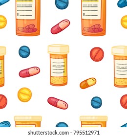 Seamless pattern with pharmacy drug. Background with medicine pills and chemical capsule. Medical backdrop with vitamins . Vector.