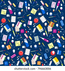 Seamless pattern pharmacy drugs background. Medicine icon pills, capsules, vitamins medical tablets. Medical remedy collection set