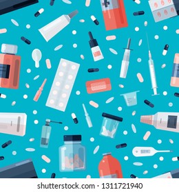 Seamless pattern with pharmacy drugs or medications in bottles, jars, tubes, blisters and medical tools on blue background. Cure or treatment backdrop. Flat cartoon colored vector illustration.