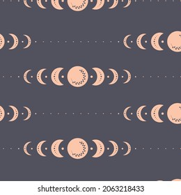 Seamless pattern. Phase diagram of the Moon. Boho sky background. Ethnic moon. Bohemian fabric design. Hand drawn decorative moon. Boho natural printing, packaging, wrapping paper. Cute sky illustrati