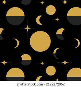 Seamless pattern The phase of Moon. Moon, Star, Night Sky Black Background with Cartoon Illustration. Nursery, kids fabric or packaging paper. Fashion all over print.