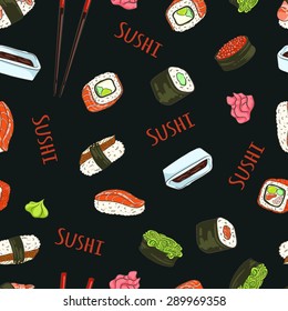 Seamless pattern of Philadelphia, California roll with caviar, crab, avocado, cucumber, salmon, sushi with wakame, eel, red caviar, shrimp, soy sauce, chopsticks, wasabi, pickled ginger