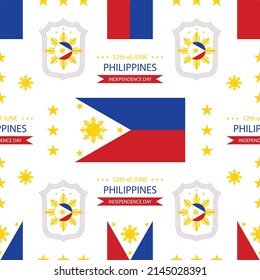 Seamless pattern for Philippines independence Day, 12 of June text in red and blue paper cut and craft characters