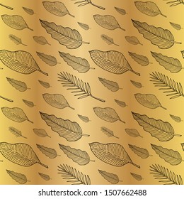 Seamless pattern with philodendron, banana and palm tree leaves or feathers. Doodle sketch. Black outlines on golden background. Trendy texture for digital paper, fabric, decorative backdrops