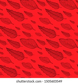 Seamless pattern with philodendron and banana tree leaves or feathers. Doodle sketch. Black outlines on red background. Trendy texture for digital paper, fabric, decorative backdrops, christmas