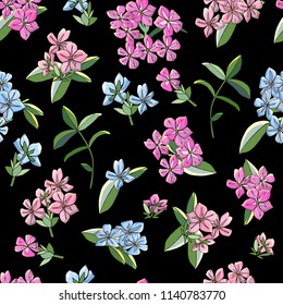 Seamless pattern with phlox flowers. Excellent print for greeting cards, clothes, bed linens, fabric, textiles, wallpaper, wrapping paper, gift box.