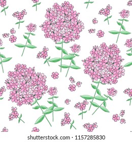 Seamless pattern with phlox flowers. Print for bed linens,clothes,  fabric, textiles, wallpaper, greeting cards, wrapping paper, gift box.

