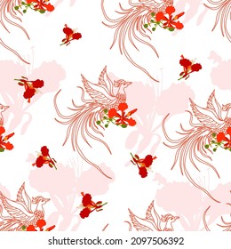 Seamless pattern with phoenix and phoenix flower