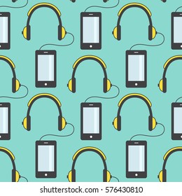 Seamless pattern with phones and headphones. Colorful illustration vector. Decorative wallpaper, good for printing