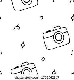 Padrão perfeito com uma câmera fotográfica e elementos de rabiscar. Plano de fundo de vetor em um estilo fantástico.
