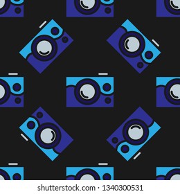 Seamless pattern of photo camera on black  background. Seamless backgrond for print or web