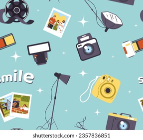 Seamless pattern with photo cameras. Repeating design element for printing on fabric. Equipment of photograph and paparazzi. Photo and video making. Cartoon flat vector illustration