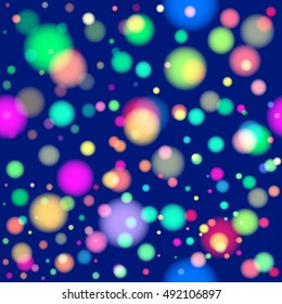Seamless pattern - photo effect bokeh. Blurred light city lights or something else. Dark-blue background. Abstract vector.