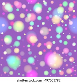 Seamless pattern - photo effect bokeh. Blurred light city lights or something else. Soap bubble. Violet background. Abstract vector.