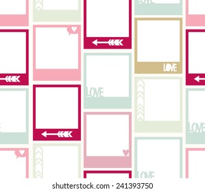 Seamless pattern  with photo frame. St.Valentine's Day photo frame with hearts, arrow, love. 
