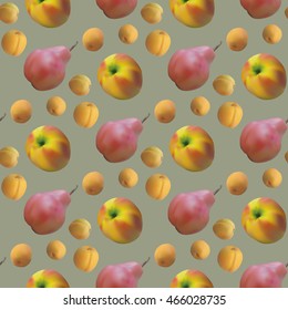 Seamless pattern with photo realistic apples, pears and apricots on green background. Vector illustration.